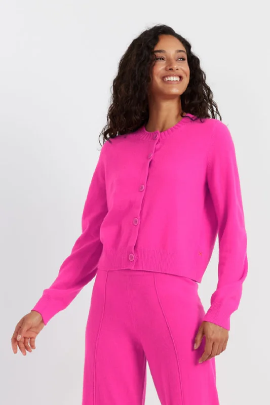 Fuchsia Wool-Cashmere Crew Neck Cardigan Modern Women's Tech