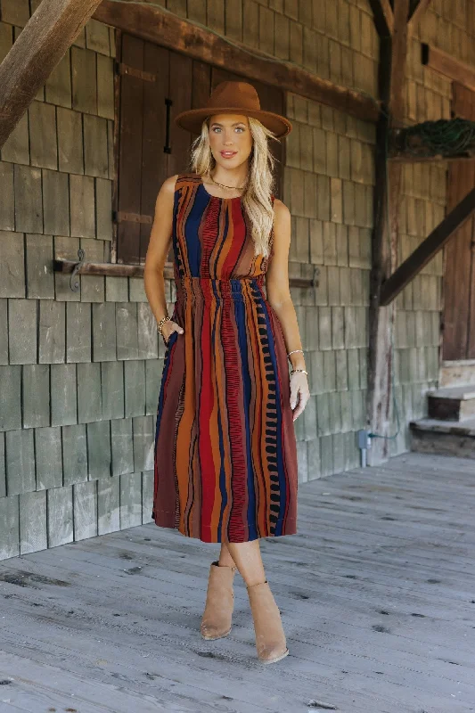 Brown Multi Print Sleeveless Midi Dress - FINAL SALE Sophisticated Women's Tailored
