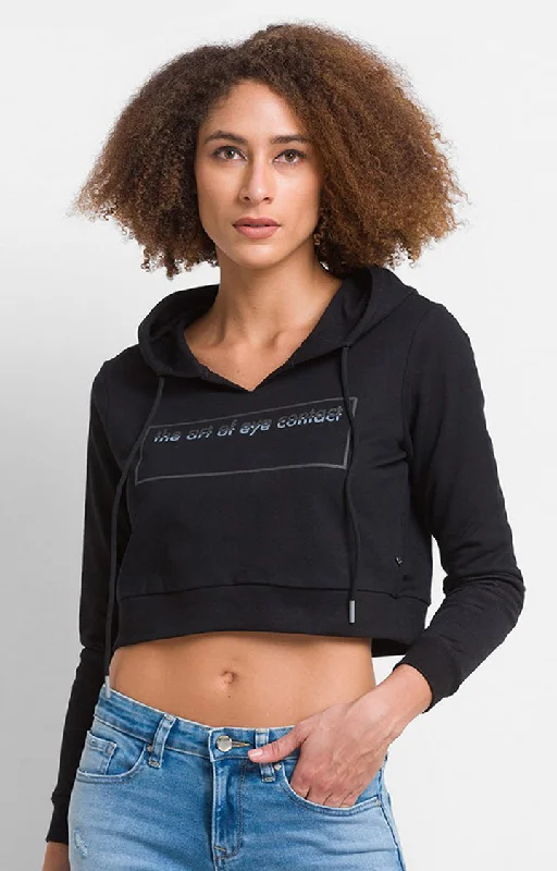 Spykar Black Cotton Blend Full Sleeve Hooded Sweatshirts For Women Trendy Women's Oversized