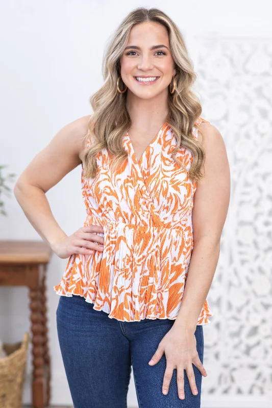 Orange and White Abstract Peplum Top Sophisticated Women's Tailored