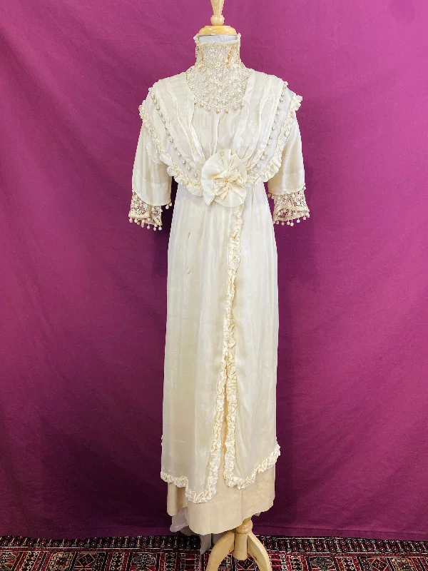 Antique Edwardian 1910s Cream Silk Chiffon & Crochet Dress, XXS Relaxed Women's Beachy