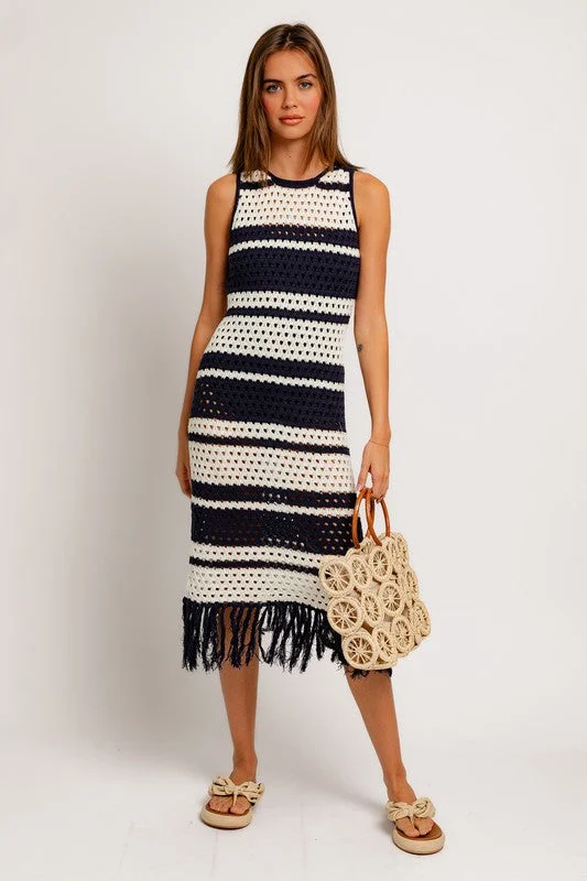 St Tropez Striped Crochet Midi Dress Classic Women's Tweed