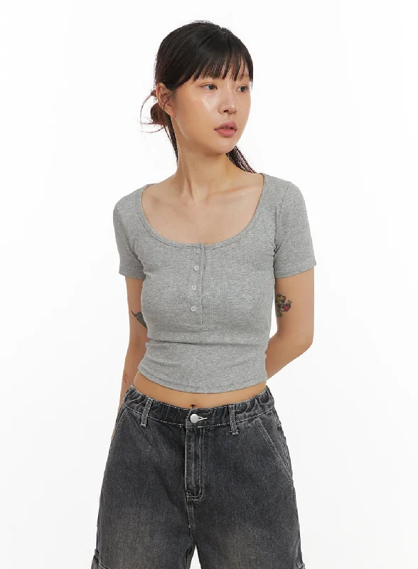 Slim Fit Buttoned U-Neck Crop Top IY410 Elegant Women's Formal 