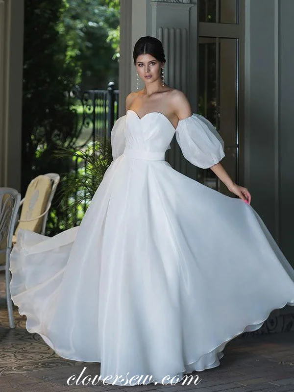 White Organza Sweetheart Detachable Sleeves Simple Floor Length Wedding Dresses, CW0356 Laid - back Women's Vibe White Organza Sweetheart Detachable Sleeves Simple Floor Length Wedding Dresses, CW0356 Laid - back Women's Vibe