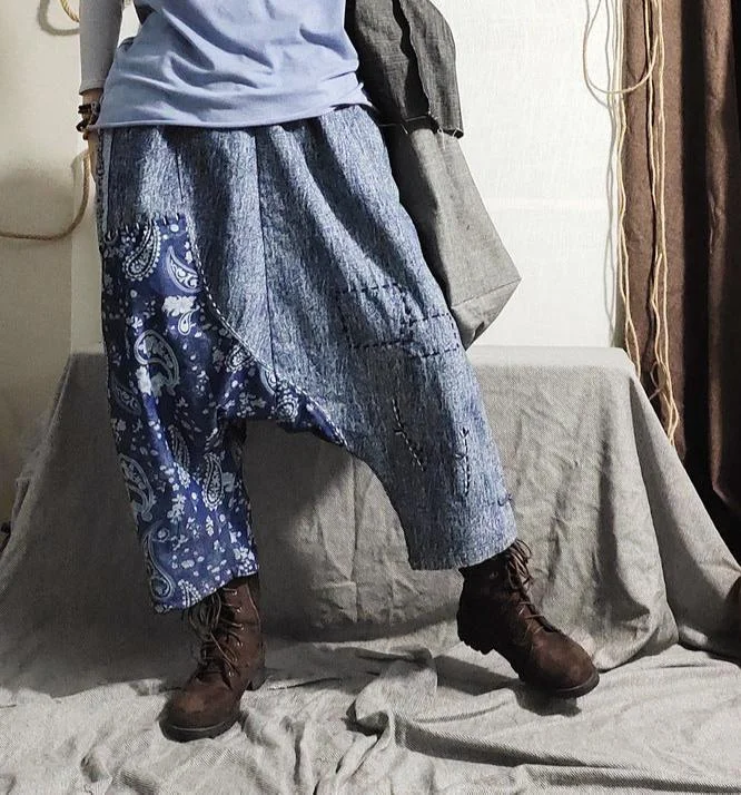 Trendy Vintage Denim Patchwork Printed Drop-Crotch Pants Feminine Women's Soft 