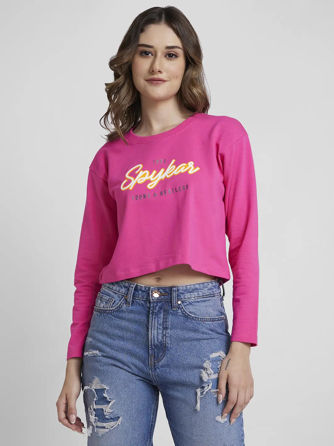 Spykar Women Luminous Pink Blended Boxy Fit Round Neck Printed Crop Sweatshirt Cool Women's Distressed