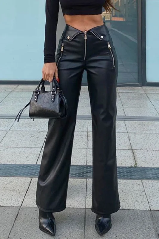 BerryBetty - Zipper Front Solid Color Straight Leather Pants Traditional Women's Wool