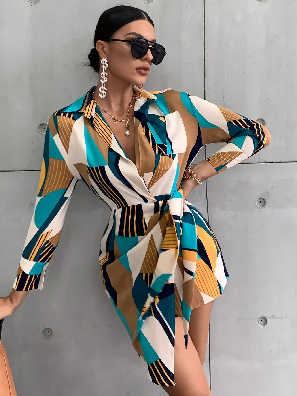 Colorblock Knot Long Sleeve Collar Wrap High Waist Mini Dress Athletic Women's High - 