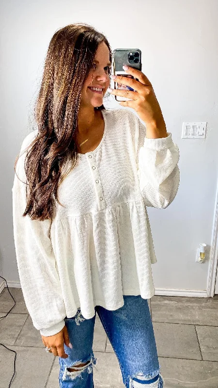 Off White Babydoll Henley Trendy Women's 
