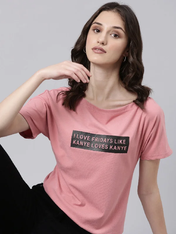 Women Peach Typographic Slim Fit Tshirt Refined Women's Classic 