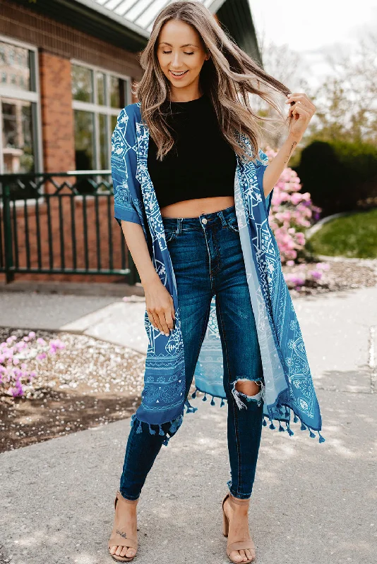 Printed Tassel Trim Open Front Cardigan Sleek Women's 
