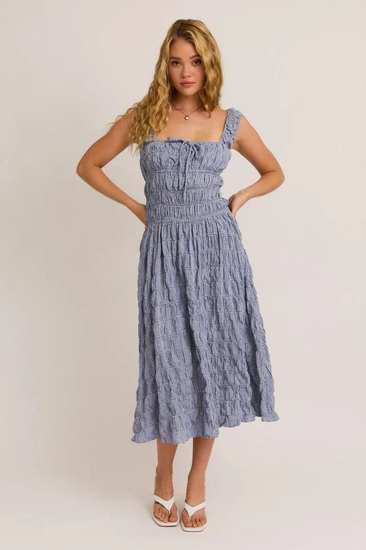 PPREORDER - Gingham Square Neck Smocked Midi Dress Elegant Women's Formal 