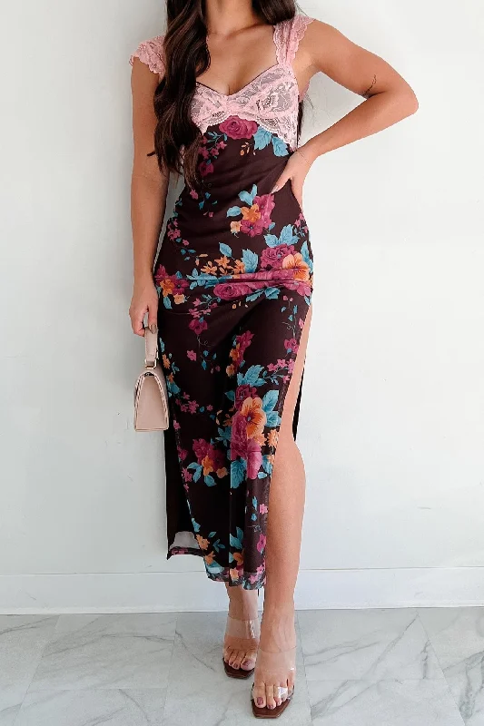 Saccharine Sweet Lace Detail Floral Mesh Maxi Dress (Mauve/Brown) Vacation