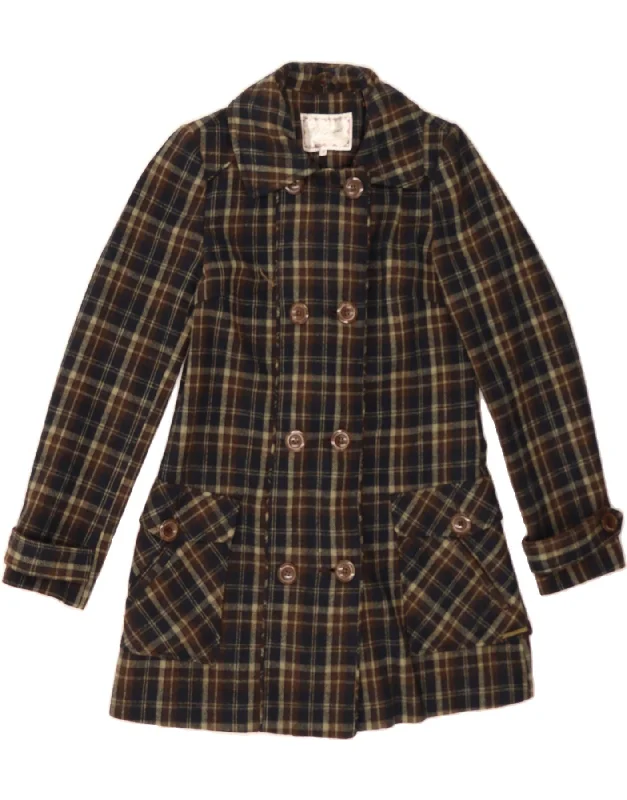 PEPE JEANS Womens Double Breasted Coat UK 14 Medium Brown Check Wool Youthful Women's Pop