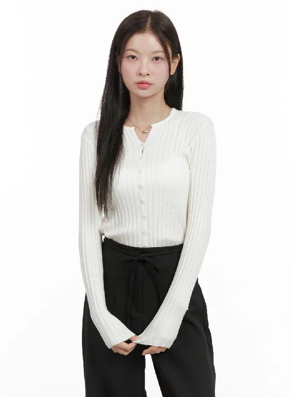 Ribbed Slim Buttoned Long Sleeve Top OG416 Youthful Women's Pop