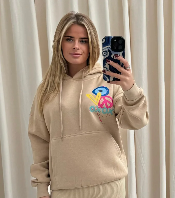 XOXO Graffiti Hoodie Beige Traditional Women's Wool