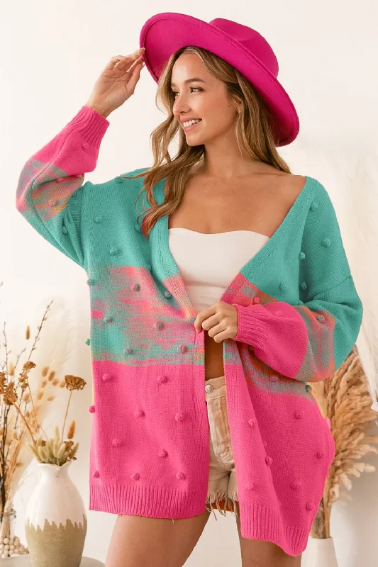 Color Block Ponpon Sweater Cardigan Cozy Women's Sherpa - lined