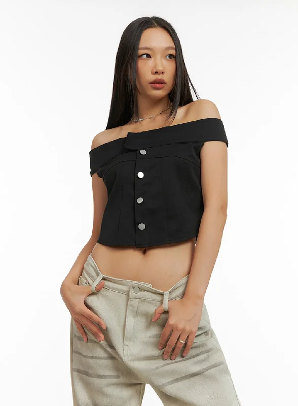 Off-Shoulder Buttoned Crop Top IY422 Relaxed Women's Beachy