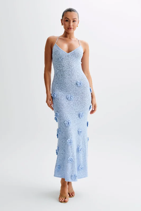Suki Knit Maxi Dress With Flowers - Light Blue Trendy Women's Oversized