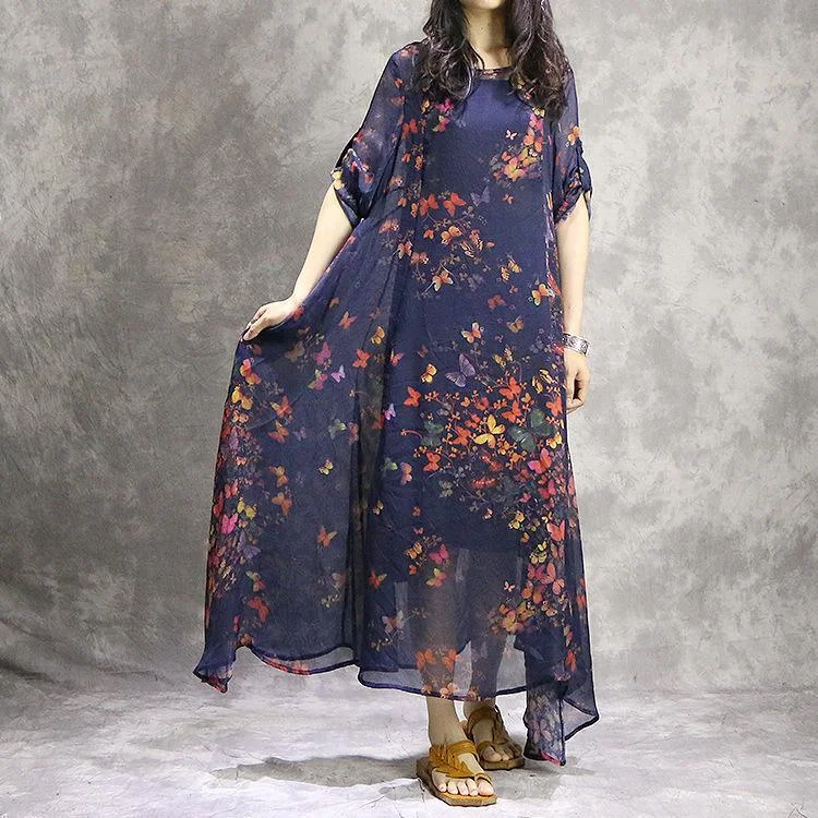 Handmade short sleeve silk Tunics Casual pattern blue prints Robe Dress summer Hip Women's Retro