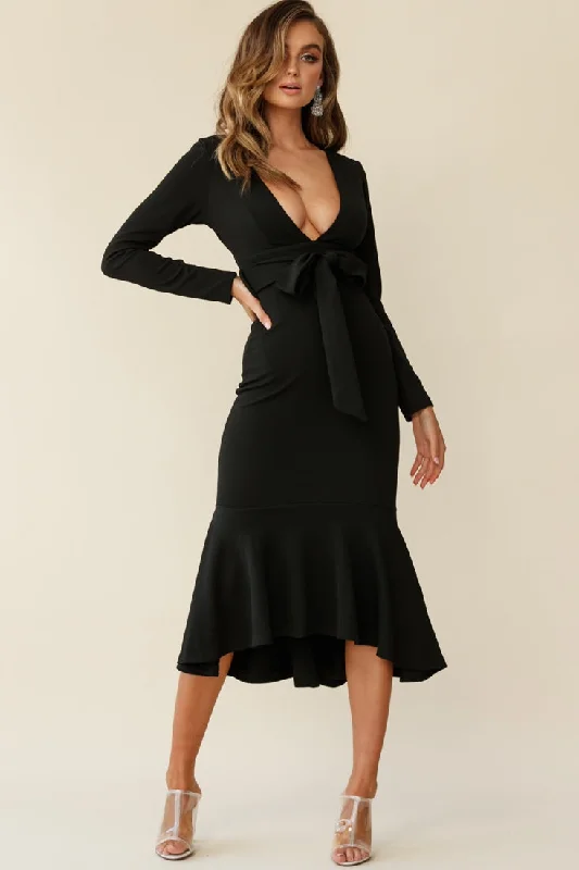 Sorry Not Sorry Long Sleeve Flounce Midi Dress Black Monochromatic All - in - one