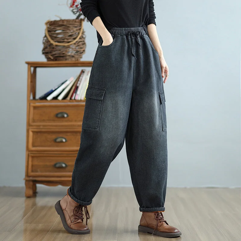 Women Winter Retro Plus-Size Fleece-Lined Relaxed Fit Thick Harem Pants Feminine Women's Style 