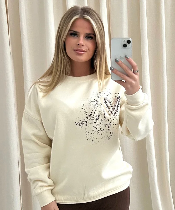 Brown Leopard Heart Graffiti Sweatshirt Cream Youthful Women's Pop