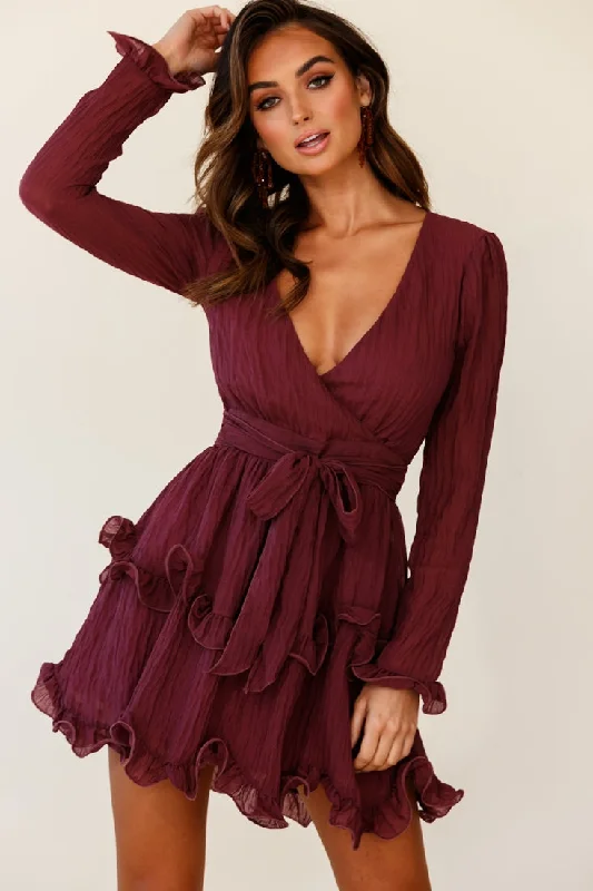 Greta Tiered Ruffle Chiffon Dress Wine Laid - back Women's Style