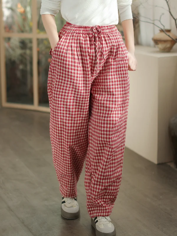 Women Cozy Loose Plaid Elastic Waist Padded Cotton Pants Street