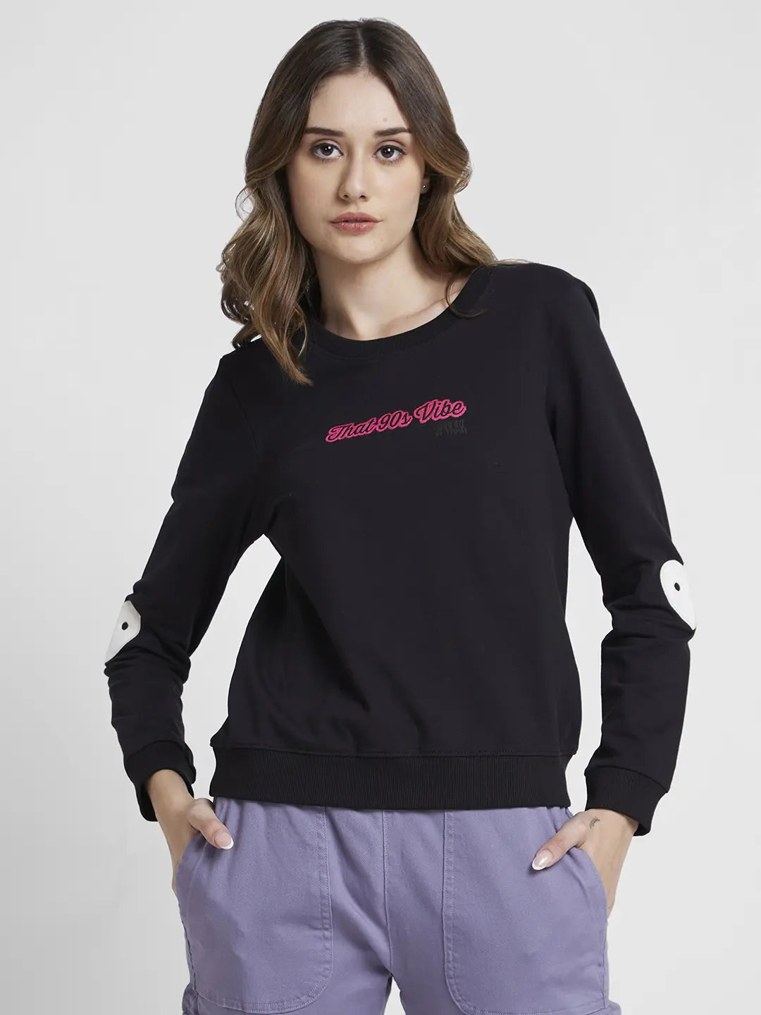 Spykar Women Black Blended Regular Fit Round Neck Printed Sweatshirt Monochromatic All - in - one