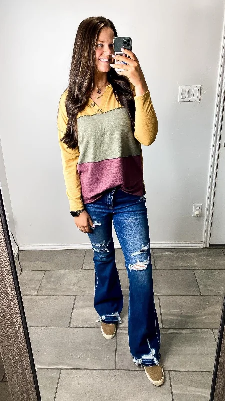 Color Block Button Top Long Sleeve Refined Women's Hand - crafted