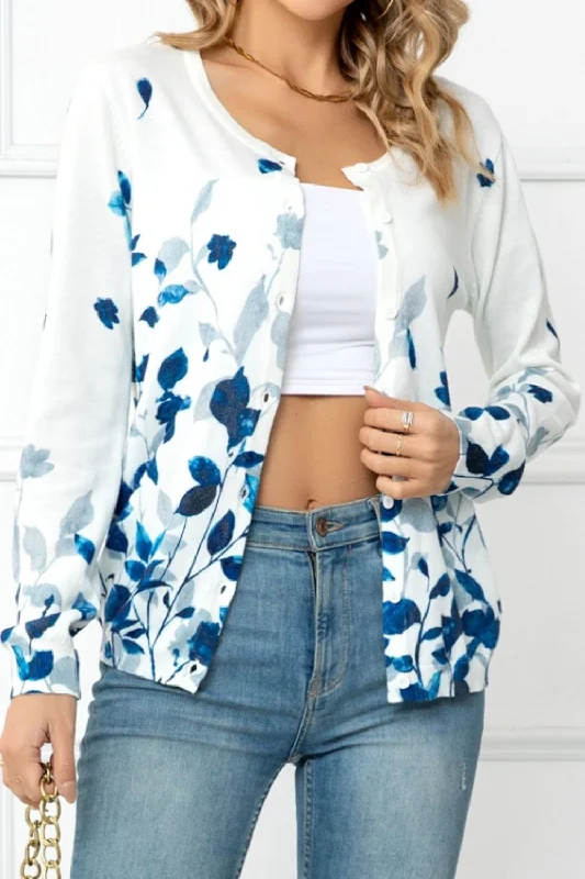 Floral Button Front Round Neck Cardigan British Gentlewoman Style