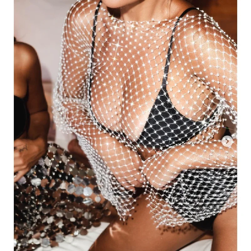 Nightclub Style Sexy Fishnet Plaid Round Neck Sparkling Diamond Top Wholesale Womens Tops Dapper Women's 1920S