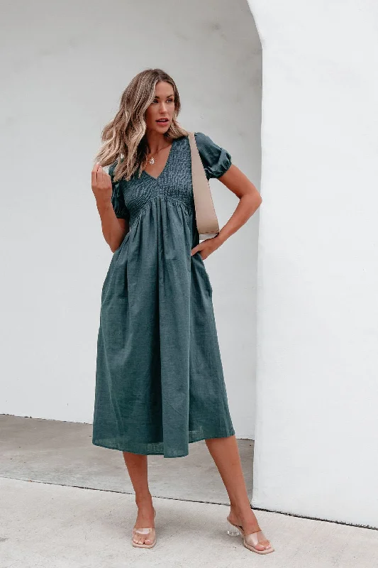 Teal Puff Sleeve Textured Midi Dress - FINAL SALE Refined Women's 