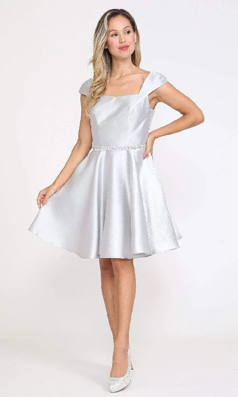Poly USA - 8416 Cap Sleeve Embellished Waist Short Dress Refined Women's 