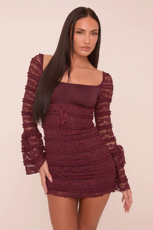 Wine Lace Long Sleeve Mini Dress - Theo Scandinavian