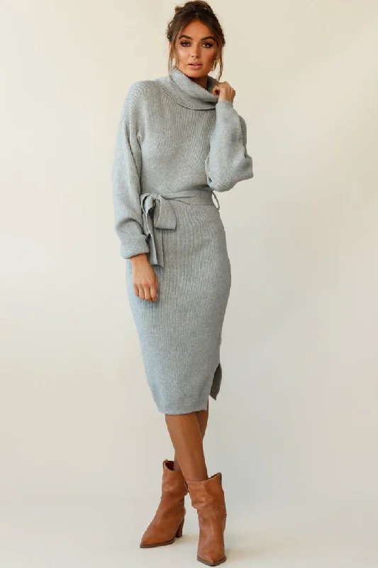 Marco Long Sleeve Turtleneck Knit Midi Dress Grey Business