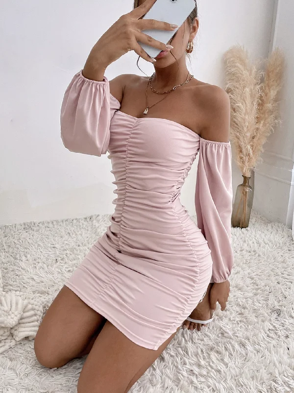 Plain Ruched Bust Long Sleeve Off The Shoulder Pencil Natural Short Dress Dapper Women's Bow - adorned