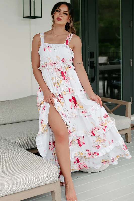 Treasured Times Tiered Floral Maxi Dress (White Multi) Elegant Women's 