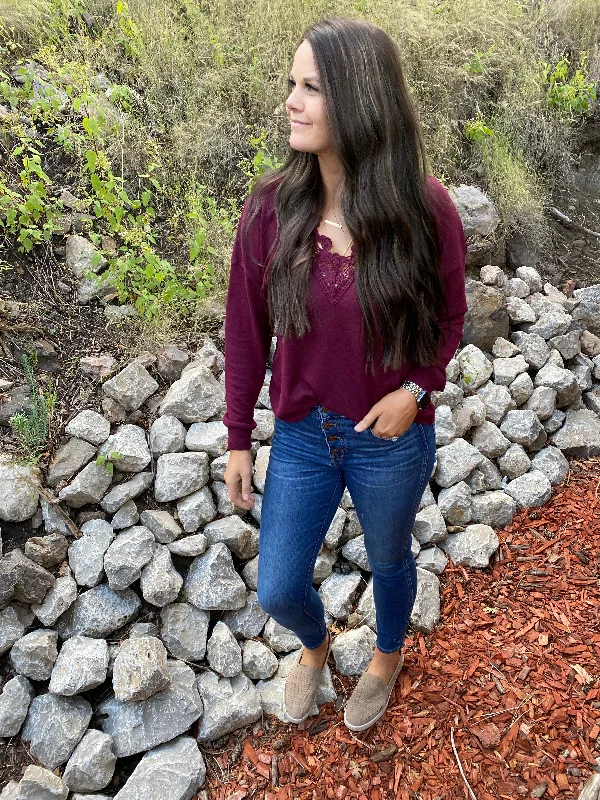 Burgundy Lace V Neckline Top Refined Women's Velvet