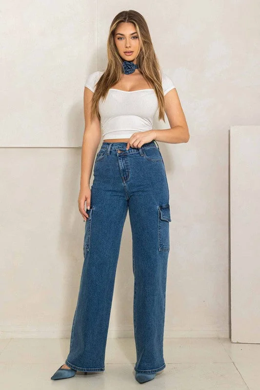 High Rise Crossed Waist Cargo Wide Jeans Sharp Women's Italian