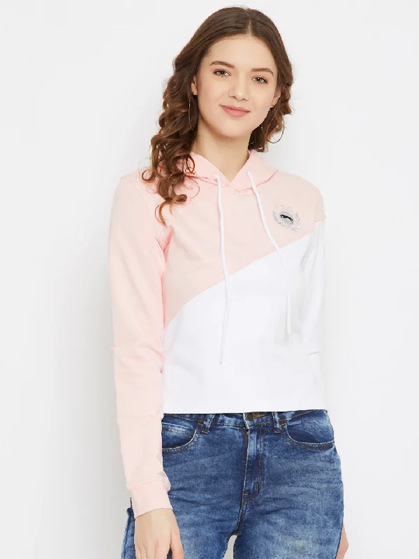 JUMP USA Women White Cotton Hooded Sweatshirt Classic Women's Pin - striped