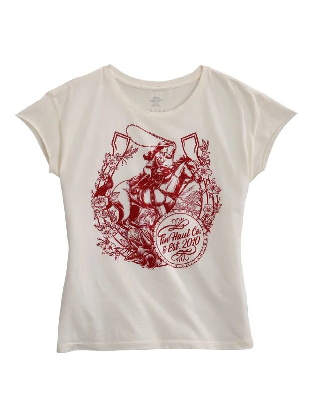 Tin Haul Womens White 100% Cotton Floral Horseshoe S/S T-Shirt Casual Women's Loose - fitting