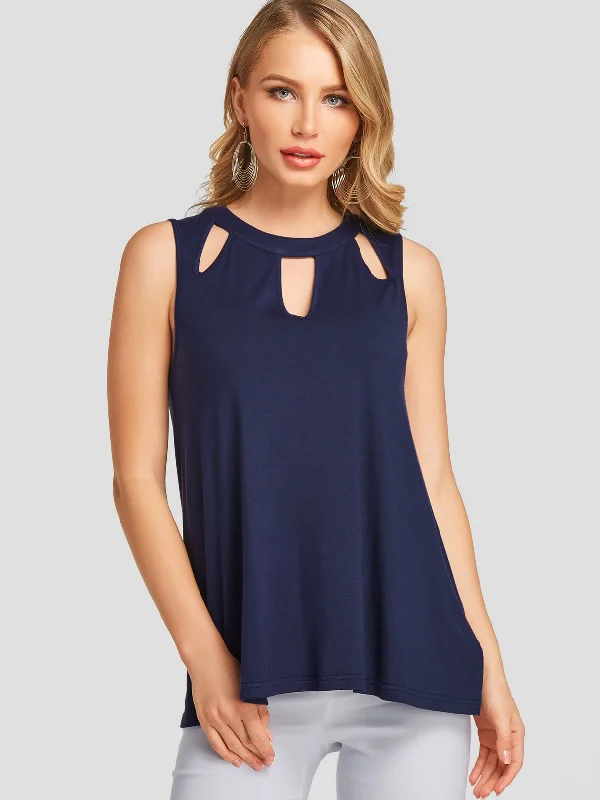 Wholesale Round Neck Plain Hollow Sleeveless Navy Tank Top Contemporary 
