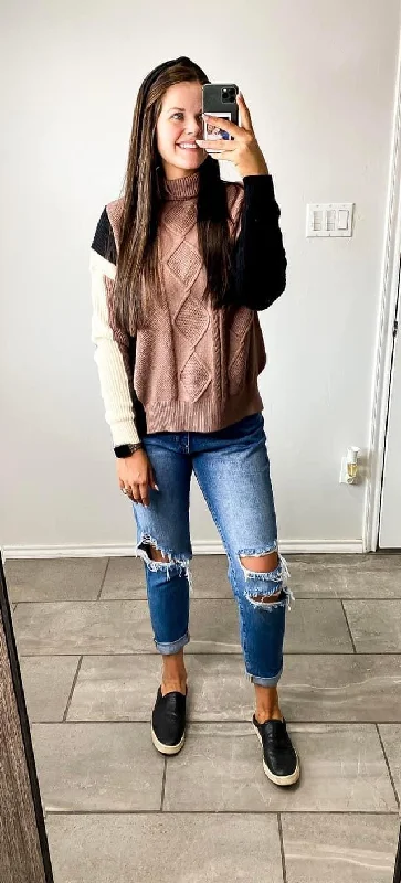 Mocha Color Block Sweater Classic Women's Pin - striped