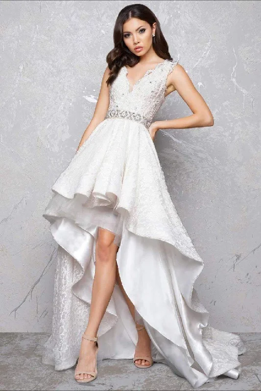 Mac Duggal 48470D Beaded Lace V-neck High-Low Dress Modern Women's Tech