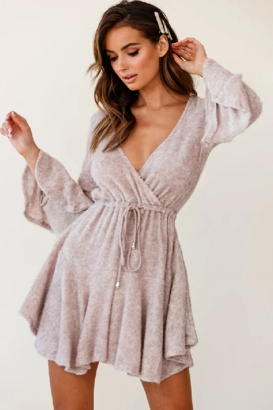 Wait For It Long Sleeve Drawstring Dress Blush Elegant Women's Formal 