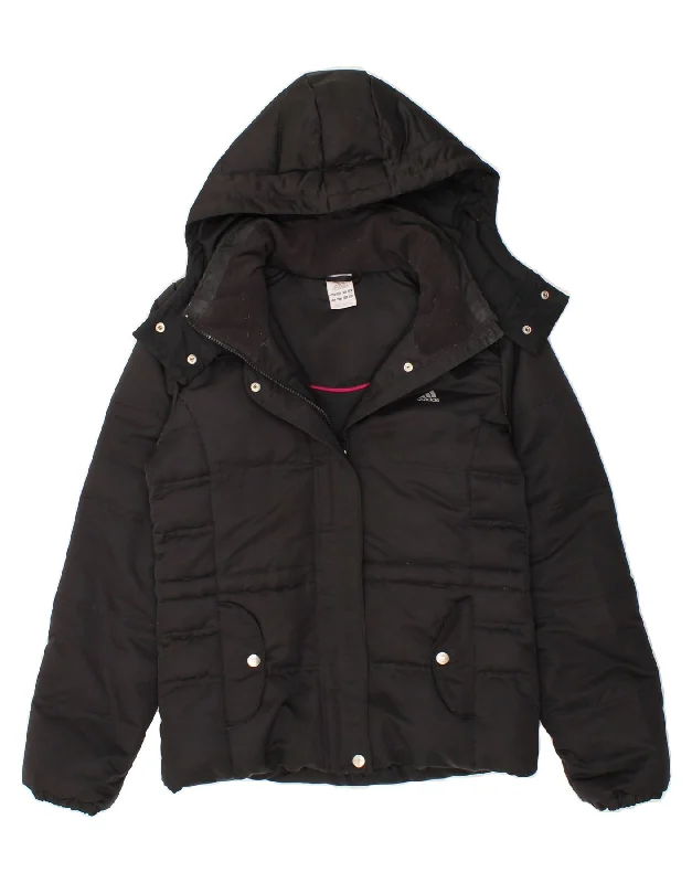 ADIDAS Womens Hooded Padded Jacket UK 12 Medium  Black Monochromatic Office Style