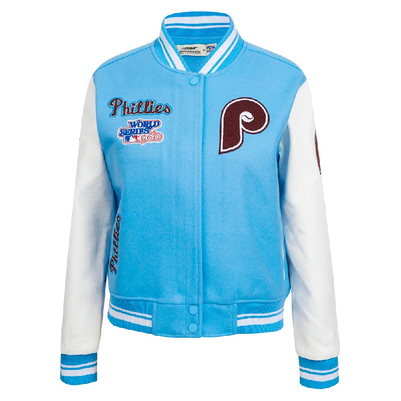 MLB PHILADELPHIA PHILLIES RETRO CLASSIC WOMEN'S RIB WOOL VARSITY JACKET (UNIVERSITY BLUE/WHITE) Compression
