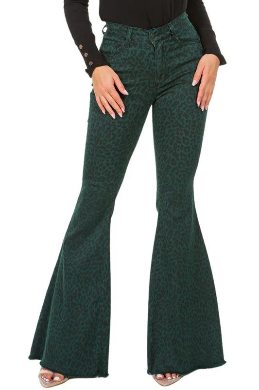 Leopard Bell Bottom Jean in Pine Green Scandinavian